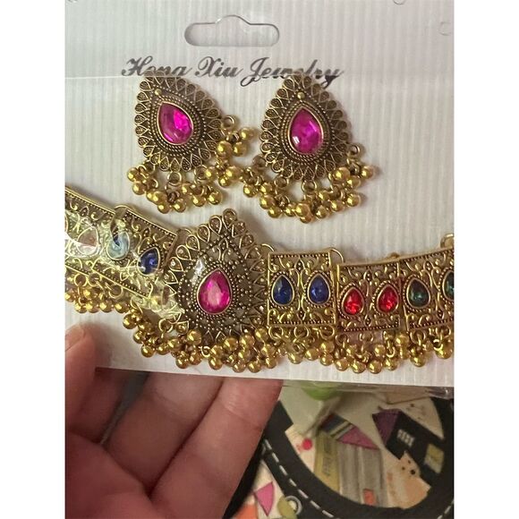 Traditional Indian Jewelry Set Necklace & Earrings Multicolored Stones - Picture 4 of 8